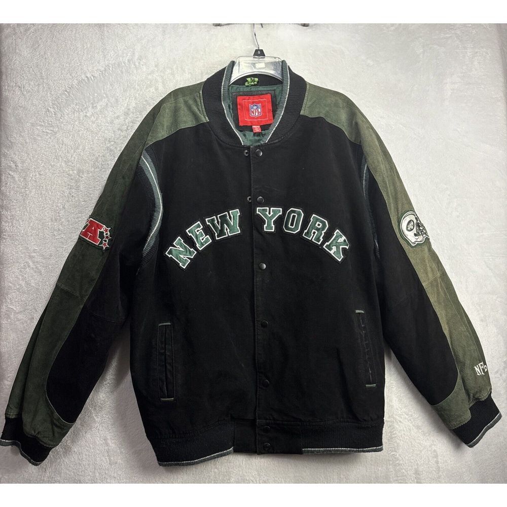 NFL Vintage New York Jets Black And Green Varsity Jacket 2XL Suede Leather Shell